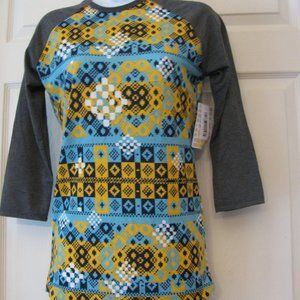 * 2/$15 LuLaRoe Randy Top XXS  2XS New NWT$35 Blue Yellow Print Raglan